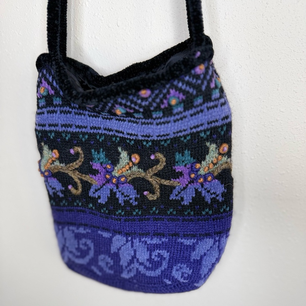 Vintage Icelandic Design Wool Knit Crossbody Bag Purple Nordic Floral